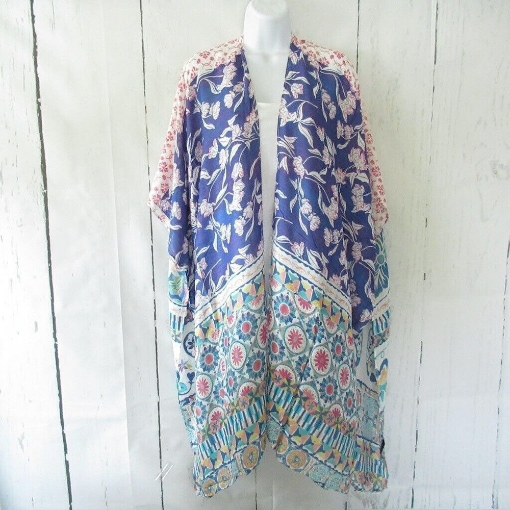 New Angie Kimono Wrap OS One‎ Size S M L XL Blue Floral Boho Peasant Hippie